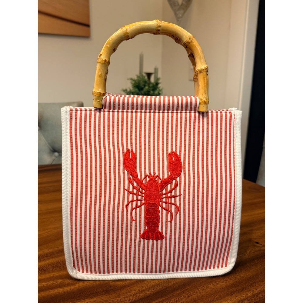 Tommy Bahama Lobster Red and White Striped Bamboo Handle Tote Crossbody NWT